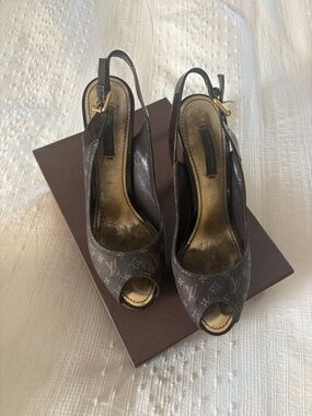 Louis Vuitton Brown Monogram Canvas Slingback Heels with Wood-Effect Heel